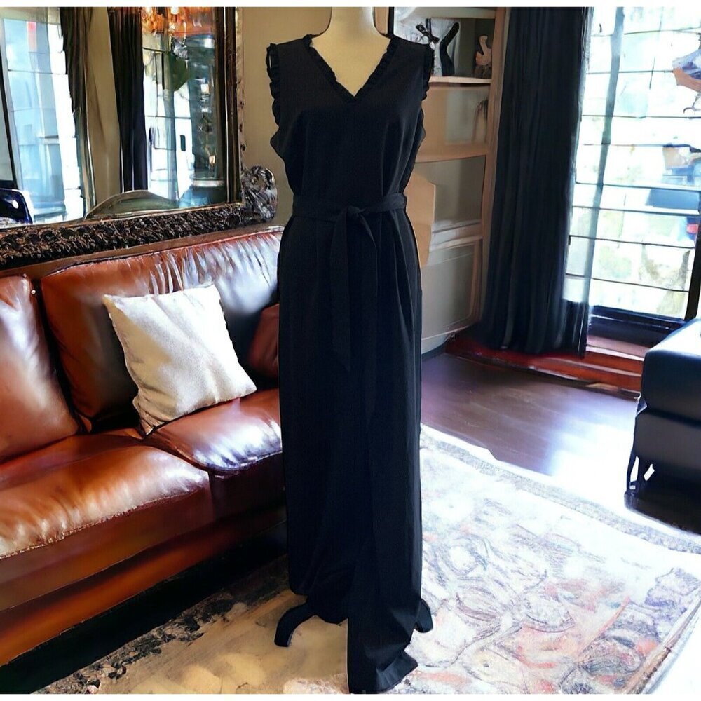 Emma & Michele Womens V Neck Ruffle Jumpsuit Size 10 Black Zipper Tie - Picture 4 of 16